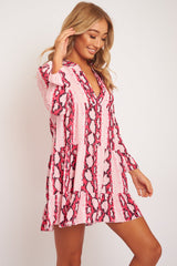 Pink Snake Plunge Tiered Detail Dress - Kaiya