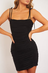 Black Slinky Ruched Tie Strap Bodycon Dress - Caressa