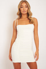 Cream Slinky Ruched Tie Strap Bodycon Dress - Caressa