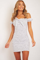 White Polka Dot Bow Detail Milkmaid Mini Dress - Galena