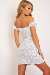 White Polka Dot Bow Detail Milkmaid Mini Dress - Galena
