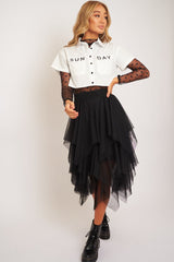 White Sunday Slogan Cropped Shirt - Blaike