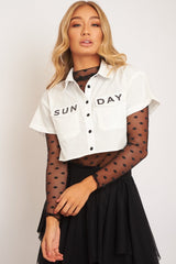 White Sunday Slogan Cropped Shirt - Blaike