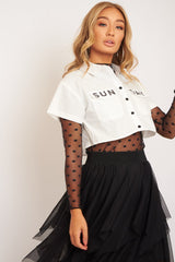 White Sunday Slogan Cropped Shirt - Blaike
