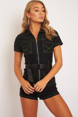 Black Lime Contrast Stitch Utility Belted Playsuit - Mina