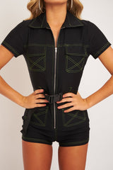 Black Lime Contrast Stitch Utility Belted Playsuit - Mina