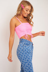 Neon Pink Slinky Ruched Detail Crop Top - Bellah