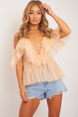 Nude Bardot Tie Front Tulle Top - Jax