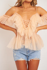 Nude Bardot Tie Front Tulle Top - Jax