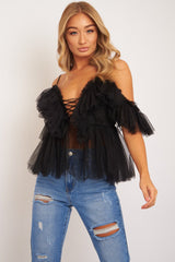 Black Bardot Tie Front Tulle Top - Jax