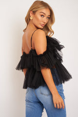 Black Bardot Tie Front Tulle Top - Jax