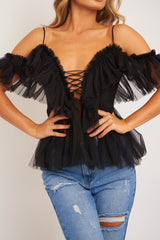 Black Bardot Tie Front Tulle Top - Jax