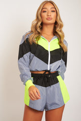 Lime Grey Black Colour Block Hooded Jacket Shorts Tracksuit Co-ord - Jettie