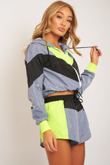 Lime Grey Black Colour Block Hooded Jacket Shorts Tracksuit Co-ord - Jettie