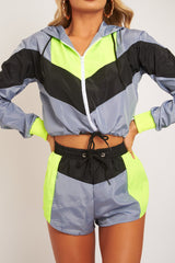Lime Grey Black Colour Block Hooded Jacket Shorts Tracksuit Co-ord - Jettie