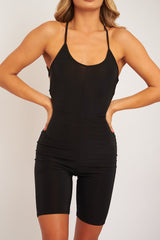 Black Slinky Halter Neck Unitard Playsuit - Dalia