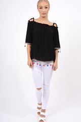 Black Bardot Pom Pom Top - Seren