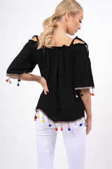 Black Bardot Pom Pom Top - Seren