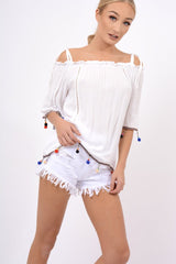 White Bardot Pom Pom Top - Seren