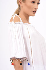 White Bardot Pom Pom Top - Seren