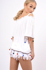 White Bardot Pom Pom Top - Seren