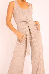Nude Ribbed Zip Back Belted Jumpsuit - Indiya