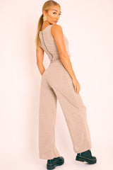 Nude Ribbed Zip Back Belted Jumpsuit - Indiya