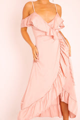 Pink Satin Ruffle Wrap Midi Dress - Eiza