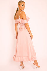 Pink Satin Ruffle Wrap Midi Dress - Eiza