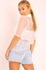 White Organza Polka Short Sleeve Shirt - Gracelynn