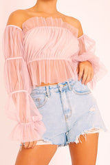 Rose Tulle Mesh Bardot Crop Top - Gemini