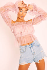 Rose Tulle Mesh Bardot Crop Top - Gemini