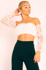 White Organza Bardot Puff Sleeves Crop Top - Teresa