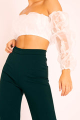 White Organza Bardot Puff Sleeves Crop Top - Teresa