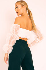 White Organza Bardot Puff Sleeves Crop Top - Teresa
