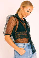 Black Organza Polka Short Sleeve Shirt - Gracelynn