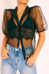 Black Organza Polka Short Sleeve Shirt - Gracelynn