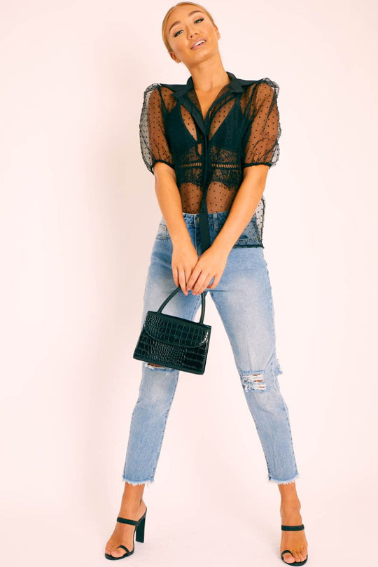 Black Organza Polka Short Sleeve Shirt - Gracelynn