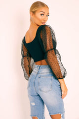 Black Polka Dot Organza Sleeve Crop Top - Bianca