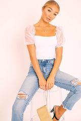 White Ribbed Organza Puff Sleeve Top - Saleena
