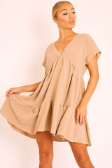 Camel Plunge Neckline Tiered Dress - Caralyn