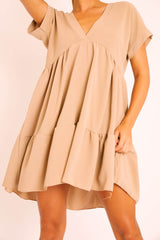 Camel Plunge Neckline Tiered Dress - Caralyn