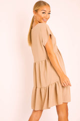 Camel Plunge Neckline Tiered Dress - Caralyn