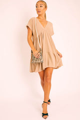 Camel Plunge Neckline Tiered Dress - Caralyn