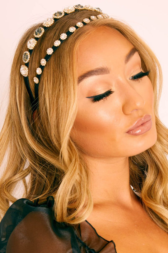 Black Jewelled Double Hair Band - Cyra