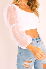 White Polka Dot Organza Sleeve Crop Top - Bianca