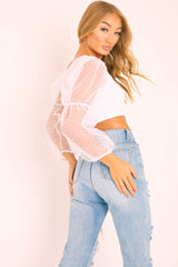 White Polka Dot Organza Sleeve Crop Top - Bianca