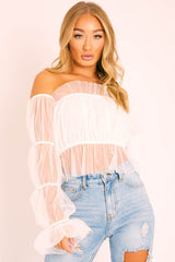 White Tulle Mesh Bardot Crop Top - Gemini