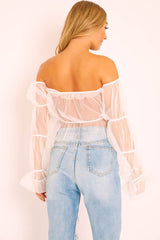 White Tulle Mesh Bardot Crop Top - Gemini