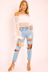 White Tulle Mesh Bardot Crop Top - Gemini